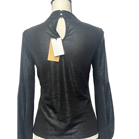 Halogen Women’s Metallic Cutout Mock Neck Top in Rich Black, Sz. S - Picture 3 of 12